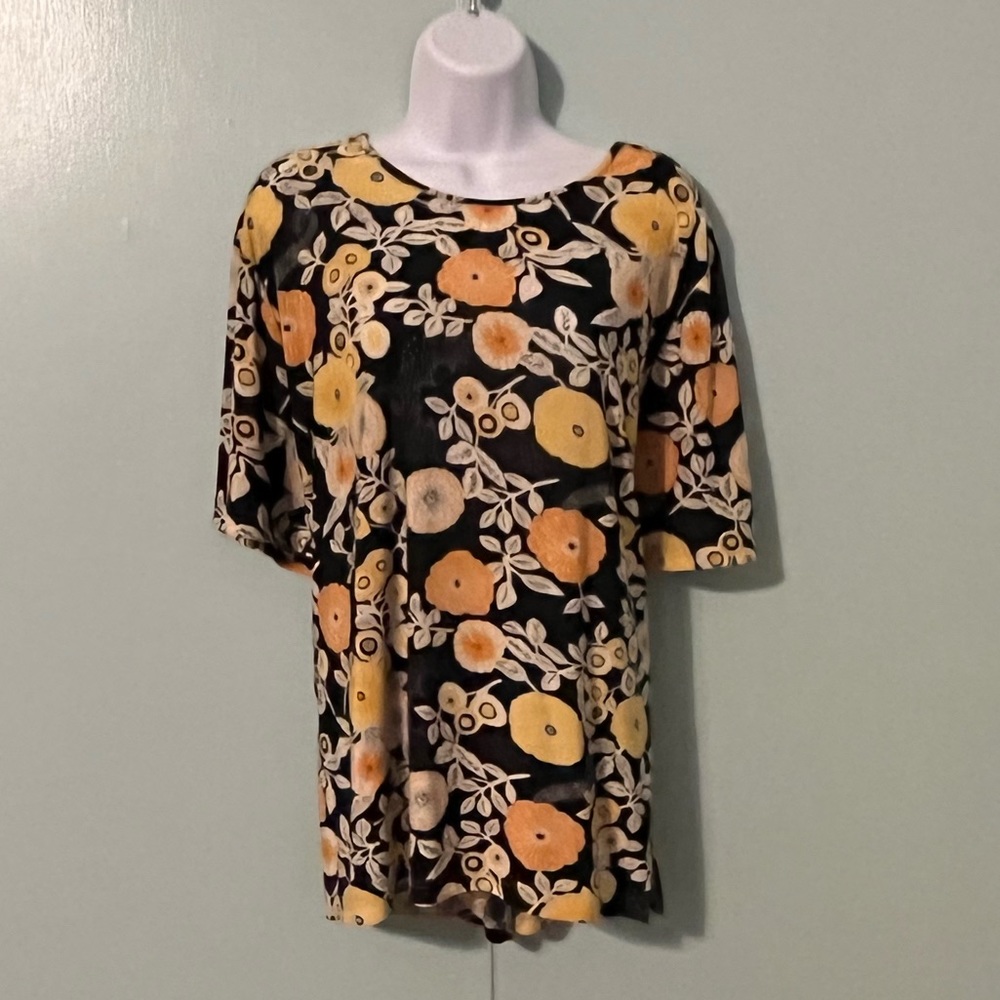Vior Blouse‎ Size 1x Black Yellow/Orange Flowers